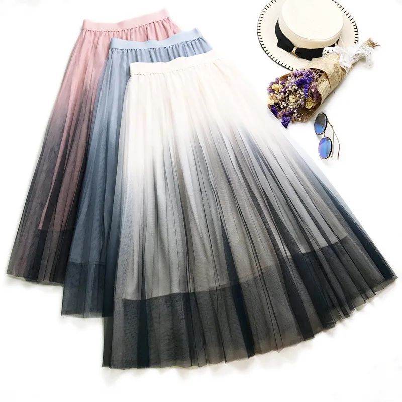 

Pleated Skirt Hong Kong Flavor A Word Skirt Gradient Color Mesh Skirt Summer In The Long Section Was Thin and Large Swing Skirt