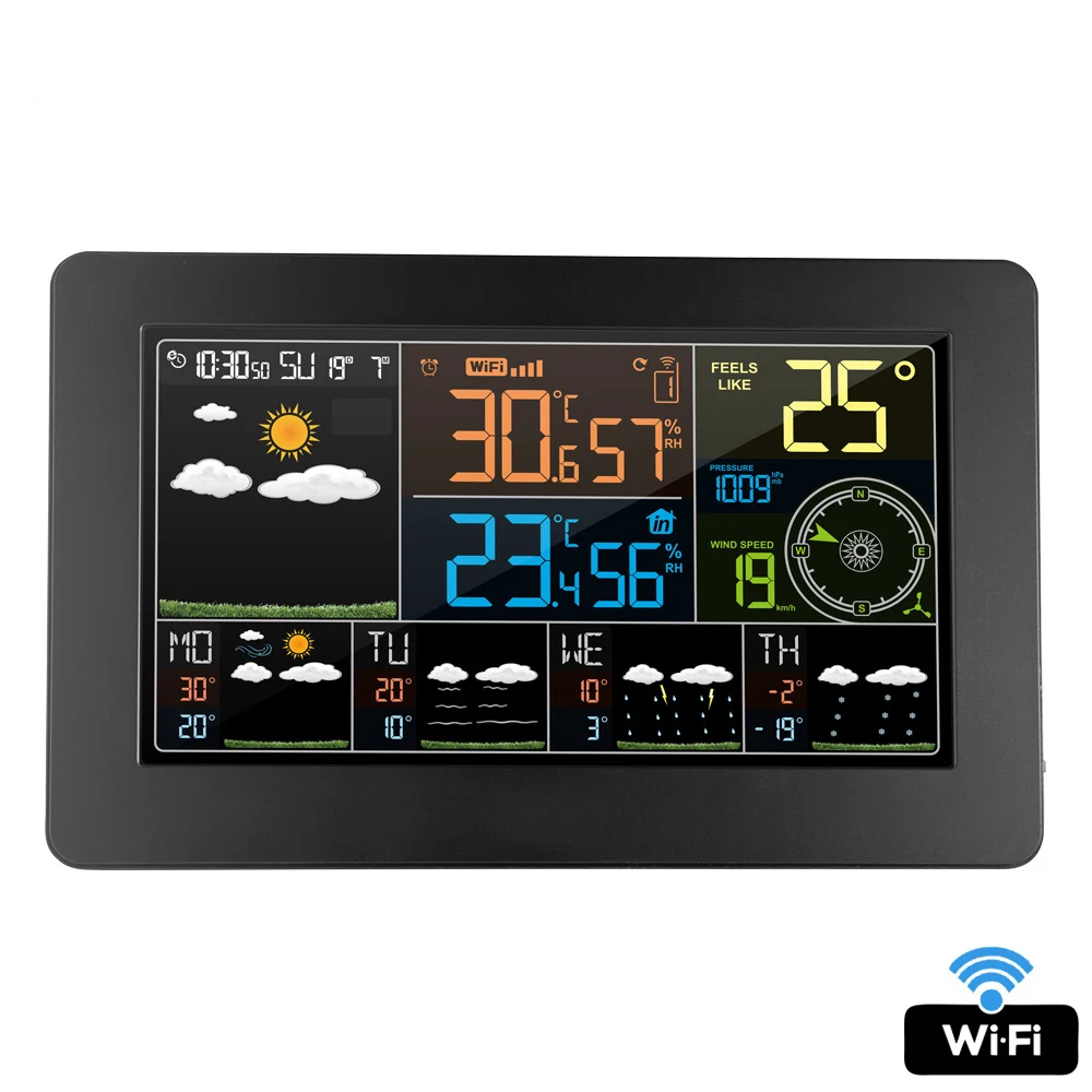 Wifi Погодная станция настенные часы цифровой ЖК-будильник Крытый Открытый Температура Влажность Давление ветер погода