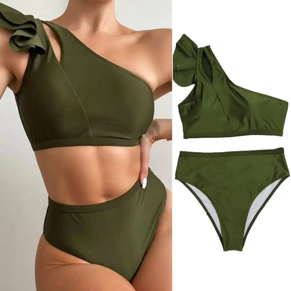 

Two-piece Women Swim suit One Shoulder High Waist Ruffle Bandeau Bra Briefs Swimsuit Bikini Bathing Suit Beach Swim Wear Army Gr