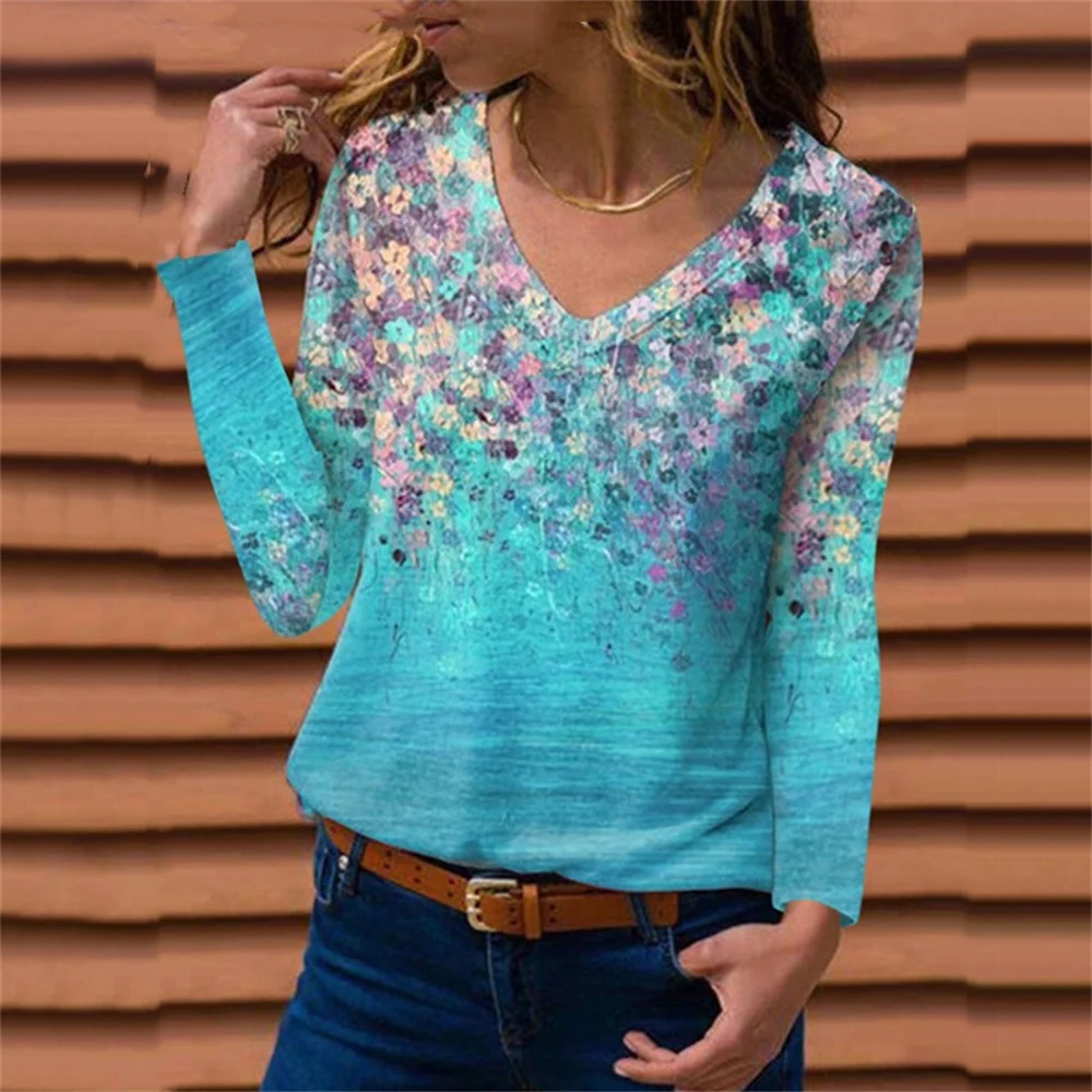 

2021 Autumn Casual Long Sleeve Women T-Shirts Ladies Flower Print Streetwear Tops Female V-Neck Loose Top Pullover