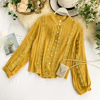

Fall Women Casual Blending Long Sleeves Ruffles Stripes Blouse Female Casual Square Collar Single-breasted Ladies Straight Suits