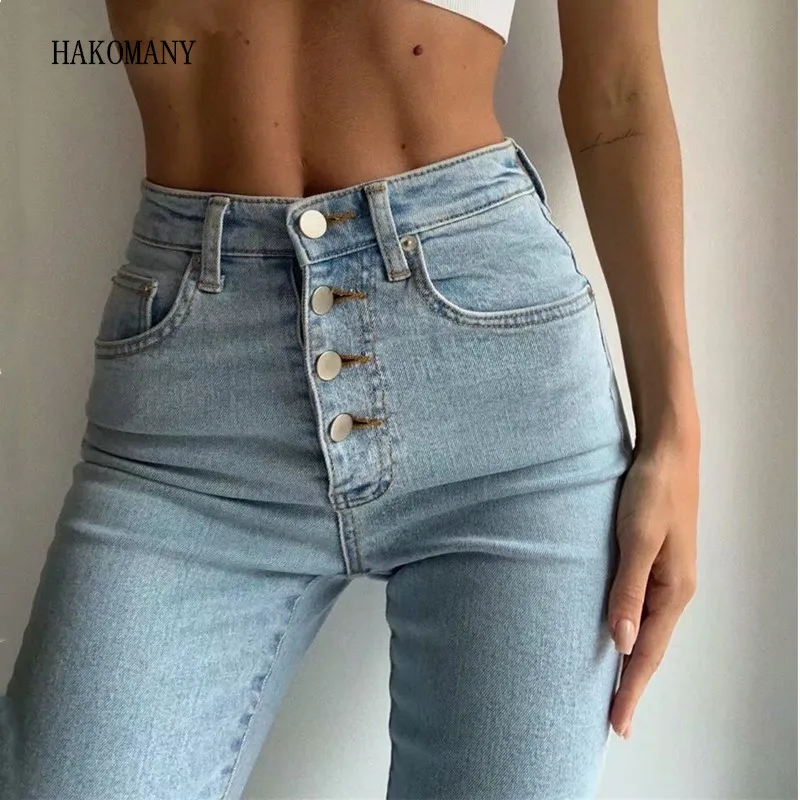 2020 Women Slim Fit Stretch Denim Pants Full Length Denim Tight Trousers Vintage Skinny Four Buttons High Waist Pencil Jeans