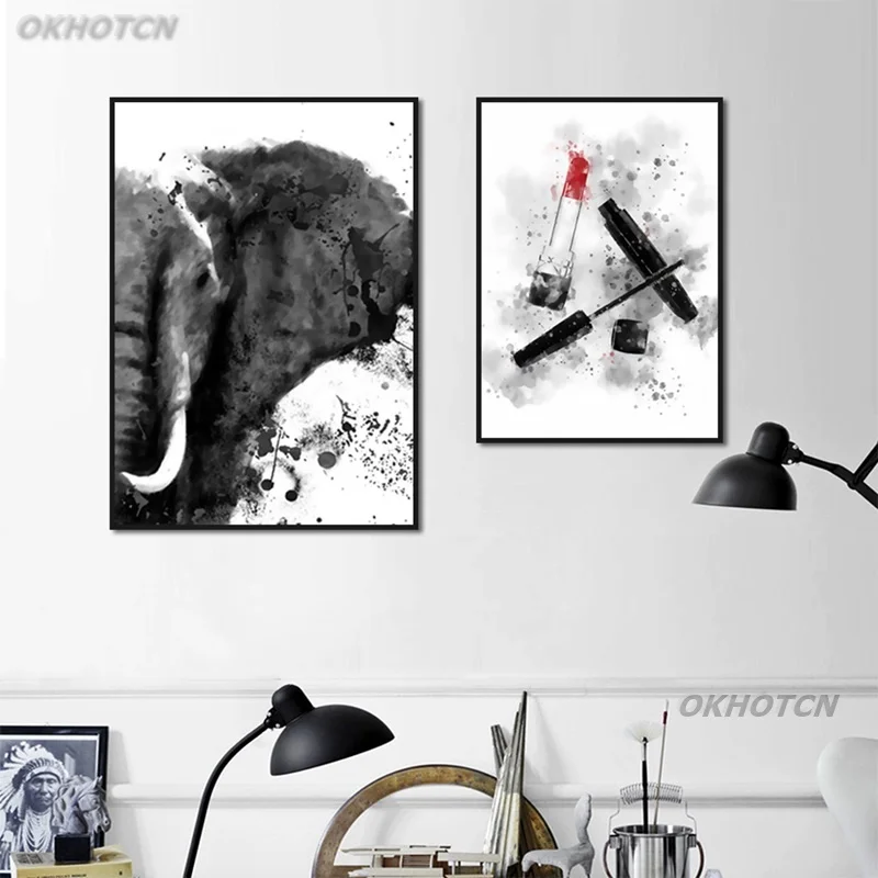 

Nordic Morden Elephant Mascara Lipstick Canvas Painting Animal Cosmetics Posters And Prints Wall Art HD Picture Home Decoration