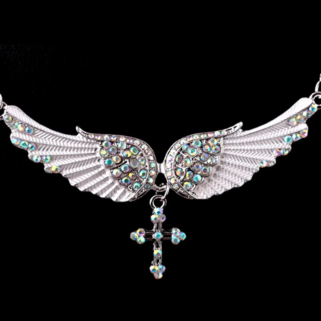 Womens Ladies Crystal Angel Wings Cross Chain Pendant Fashion Necklace Gift
