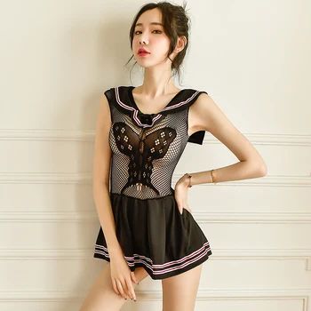 

2020 Sexy Erotic Cosplay Costume Schoolgirl Role Play Plaid Costume Fishnet Mesh Sleeveless Mini Skirts Women Lingerie NW0214