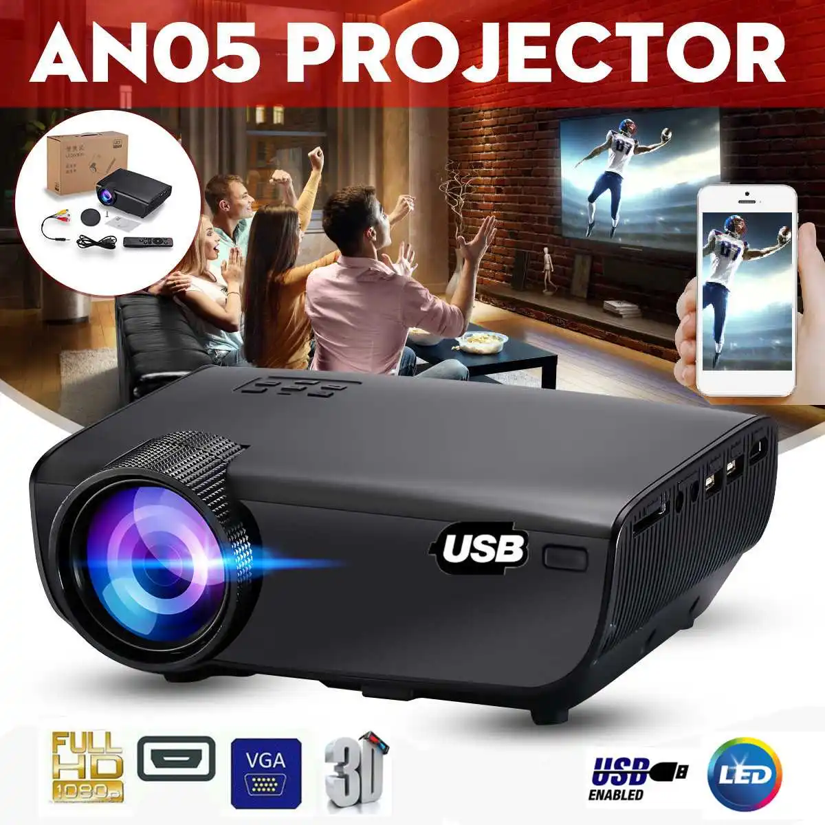 

LED 3D Projector 7000 Lumens Home Theater Projectors USB Syncs Smartphone Display HDMI/USB/AV/SD/U Flash Disk Beamer