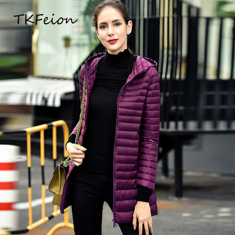 

Long Down Jacket Woman Hooded Light Thin Style Autumn Winter Female Slim Coats Duck Down Filler Fashion Ladies Fall Crop Jacket