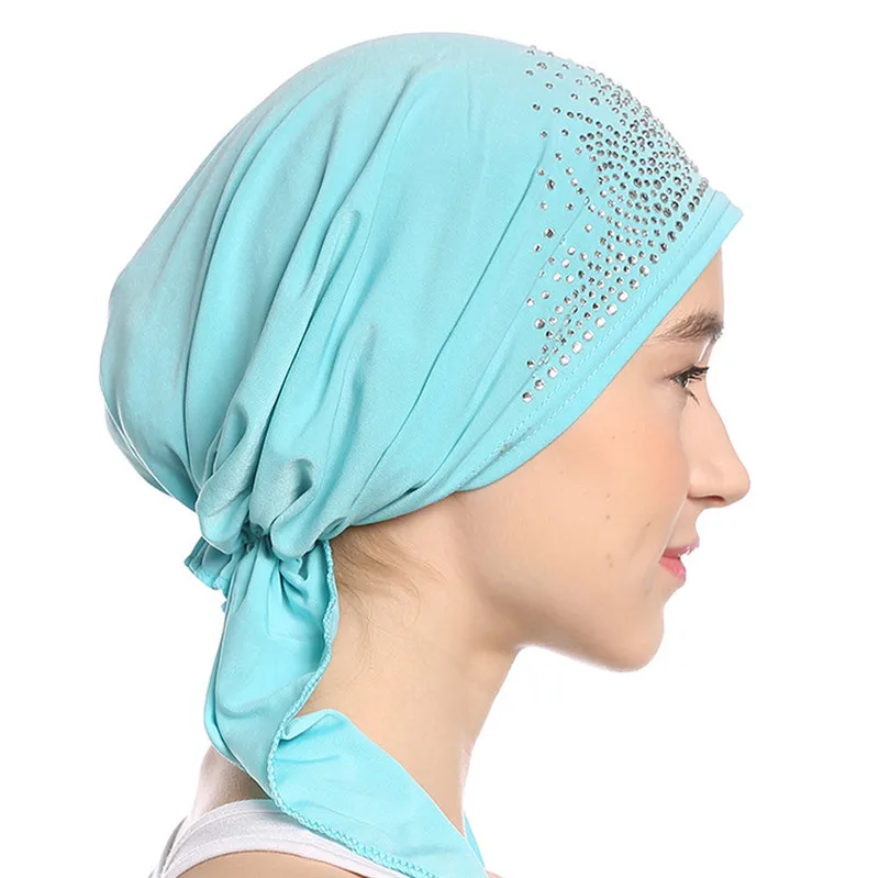 2019 модный мусульманский головной платок, тонкая летняя Внутренняя Хиджаб, однотонные кепки с бриллиантами, тюрбан для женщин, шляпка