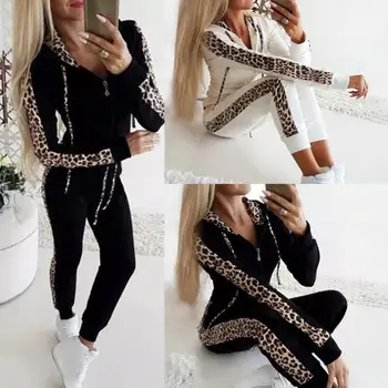 

Autumn Winter Fashion Tracksuit Women Splice Fleece Leopard Print Coat with Hood Two Pieces Set Hoodies Long Pants Suit