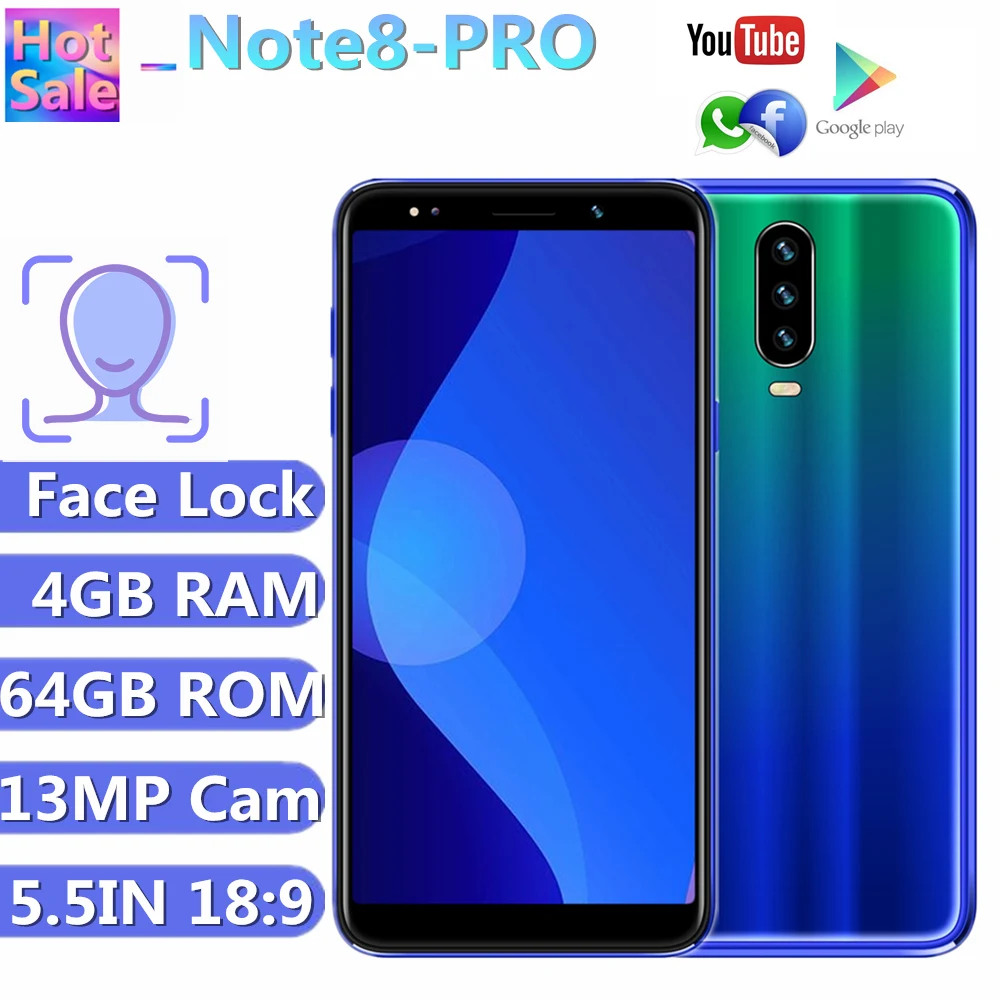 Original Note 8 Pro Mobile Phone 18:9 5.5Inch 4GB RAM 64GB ROM 13MP Camera Smartphones Android Face unlock CellPhones