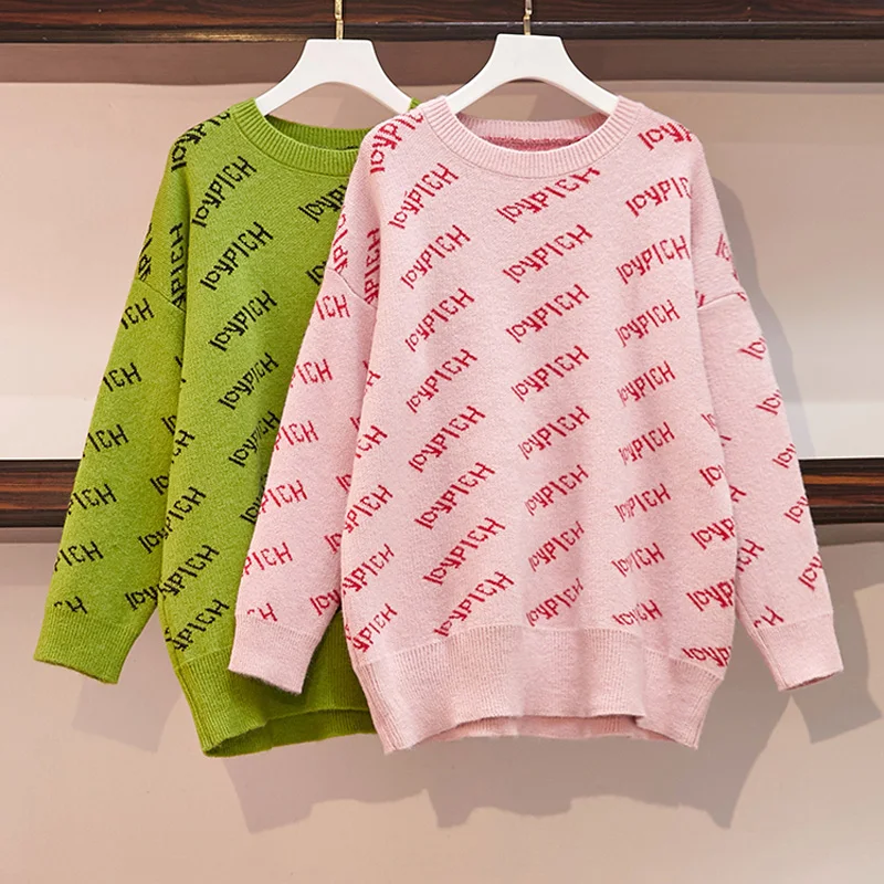 

Women Casual Autumn Warm Loose Knit Sweater O Neck Long Sleeve Plus Size Pullovers Letter Jacquard Streetwear Pink Cotton Jumper