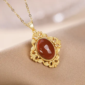 

silver S925 pure silver natural South Red Agate personality diamond retro high grade lady gold-plated pendant set chain