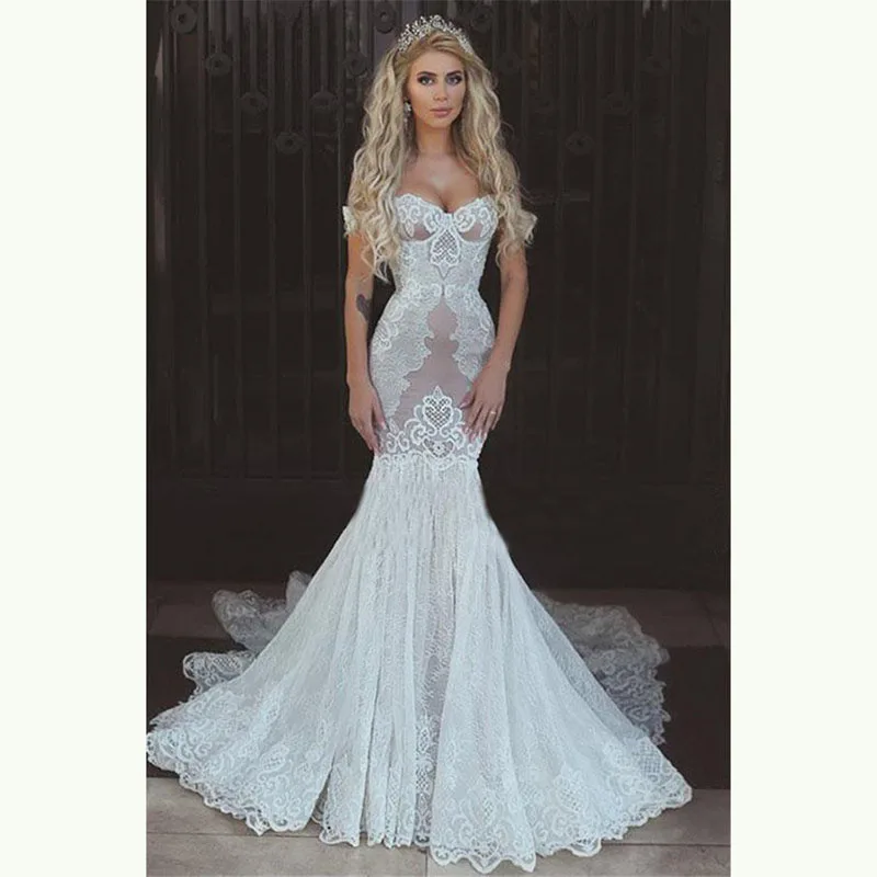 

Latest Chic Spanish White Mermaid Lace Wedding Dresses for Bride Backless Sweetheart Appliqued Bridal Wedding Gowns Off Shoulder