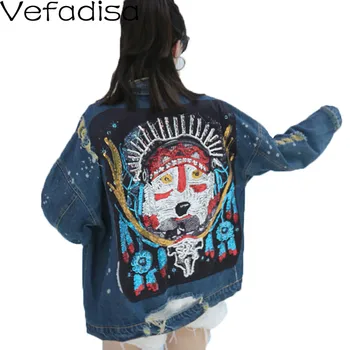 

Vefadisa Cartoon Print Sequins Denim Jacket Embroidery Women Coat 2020 Autumn Full Sleeve Vintage Hole Denim Coat Loose QYF3188
