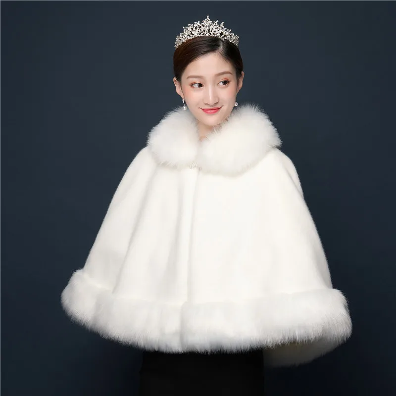 

Ivory Winter Warm Thicken Faux Fur Cape Half Sleeve Lapel Wedding Bridal Rolled Cloak Formal Shrug Shawl Keep Out Cold Coat