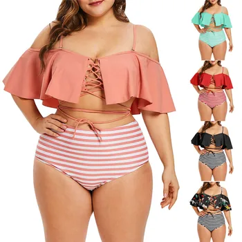 

Women Ruffle High Waisted Swimwear Plus Size Off Shoulder Striped Swimsuit Set backless Padded Bra bearwear #4N4