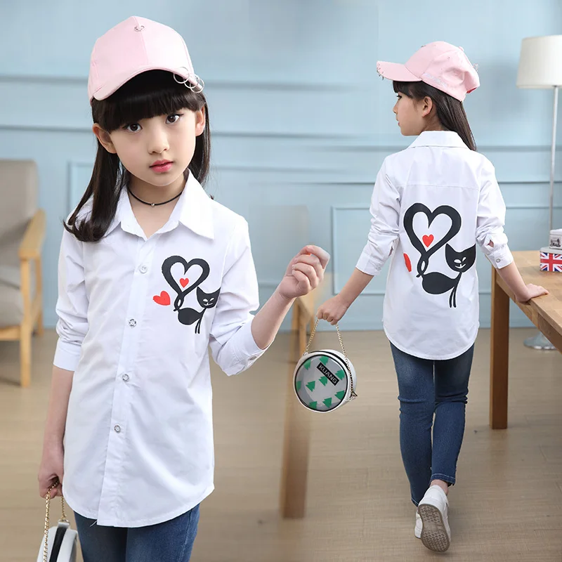 

2019 Autumn girls little cat print on the shirt for girls jacket 5 6 8 10 12 Year Kids girls white shirt DX03022