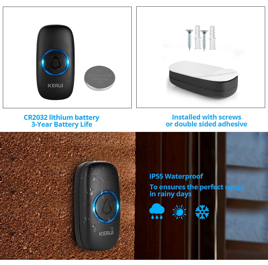 KERUI M523 Wireless Smart Doorbell Kit Home Security Waterproof Door Button Colorful LED Housed Chimes Doorbell 433MHZ Button aiphone video intercom