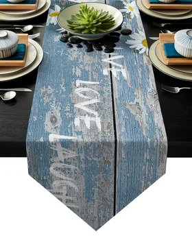 

White Daisy Flower On Blue Wooden Texture Table Runner Table Flag Home Party Decorative Tablecloth Table Runners for Wedding