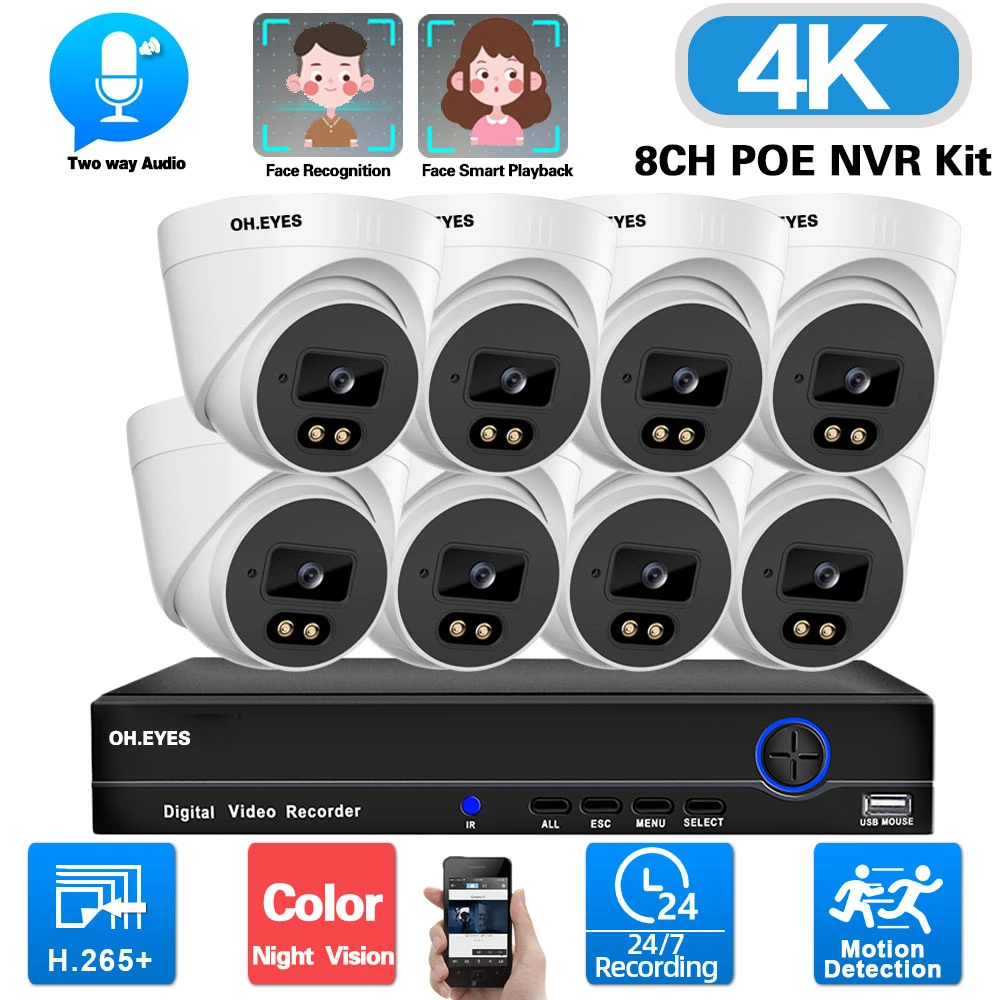 4K Face Recognition POE IP Dome Camera System 2 Way Audio Color Night