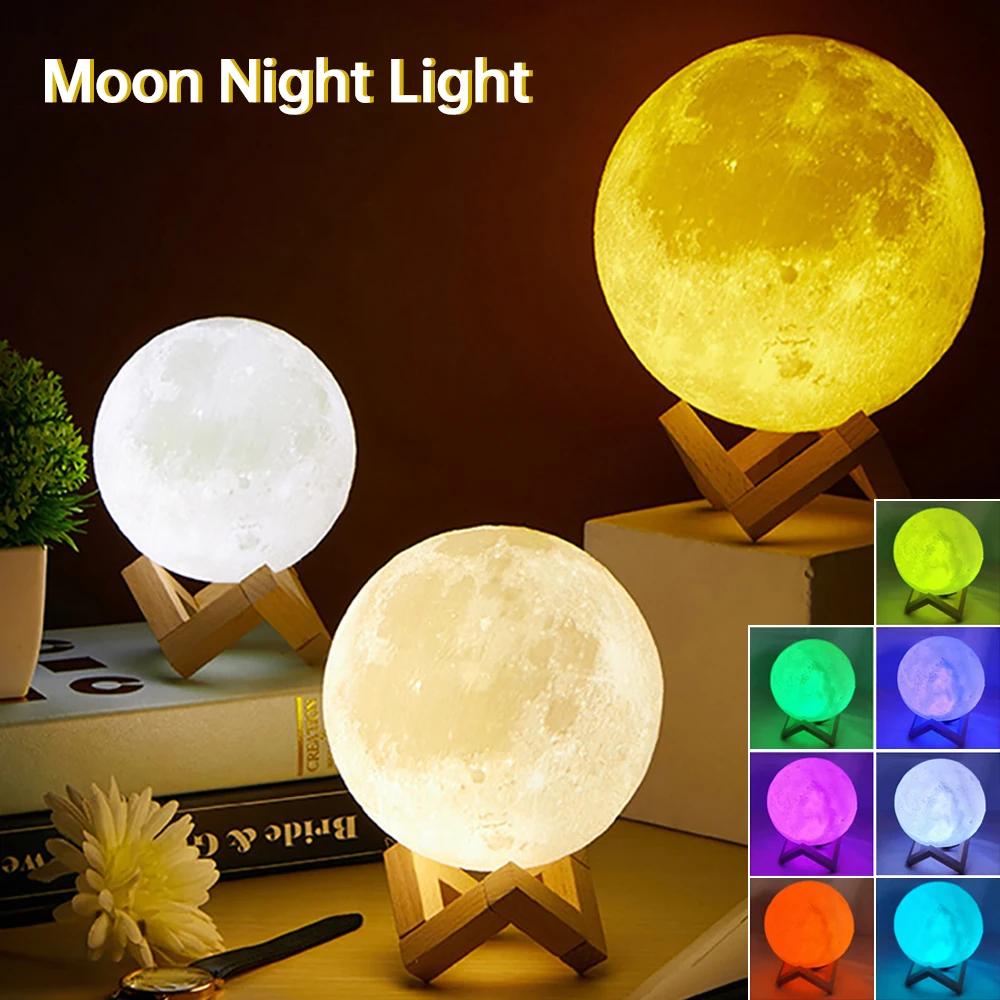 8CM 3D Moon LED Night Light Moonlight Magical gift Moon Lamp with wooden Base 
