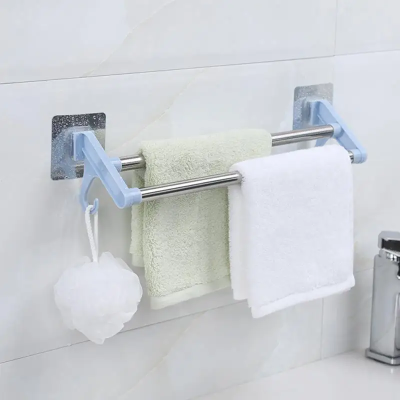 Towel Racks Double Sticks Holders Stainless Steel Wall Mounted Towel Rail Rack Bathroom Kitchen Punch Free Storage Shelf