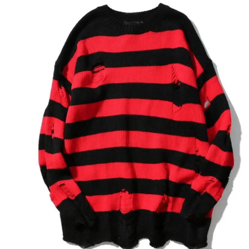 

Black Red Striped Sweaters Washed Destroyed Ripped Sweater Men Hole Knit Jumpers Man Women Oversized Pullover Harajuku w2341