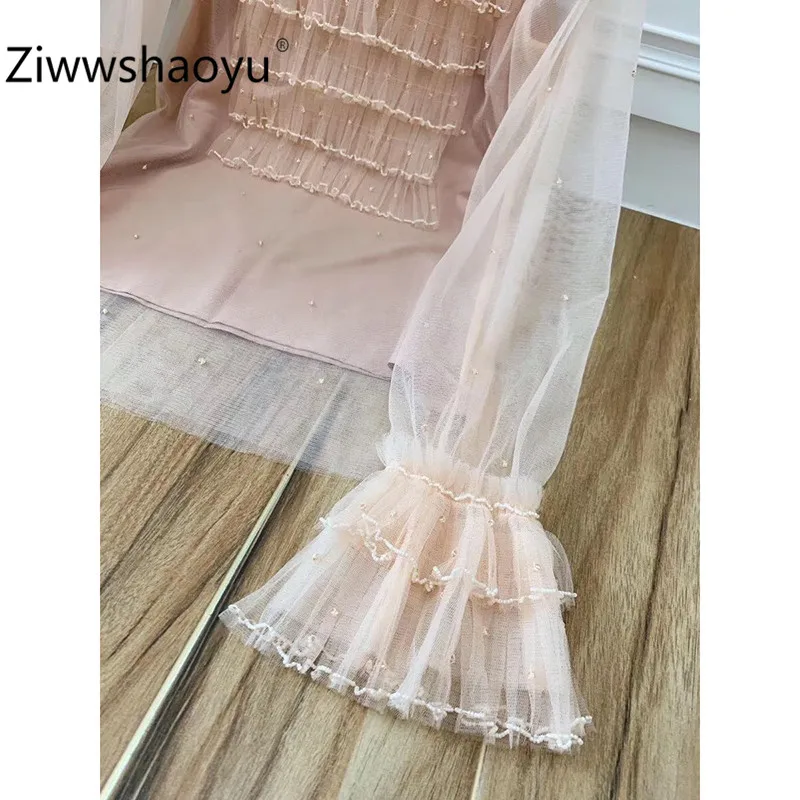 Ziwwshaoyu Сексуальная сетчатая розовая блузка с блестками Топ для женщин элегантные расширяющиеся к низу рукава Повседневная Женская блузка уличная верхняя одежда