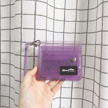 

Lady Wallet Purple Transparent Female Purse Coin Purse Card Holder Card Set Short Section With Lanyard Convenient Fashion Wallet