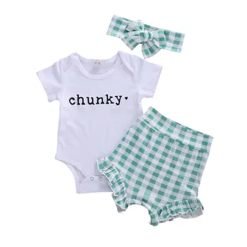 買取 0-24m女の赤ちゃんの服、新鮮な手紙半袖ジャンプスーツのチェック柄とヘッドバンド3本の衣装