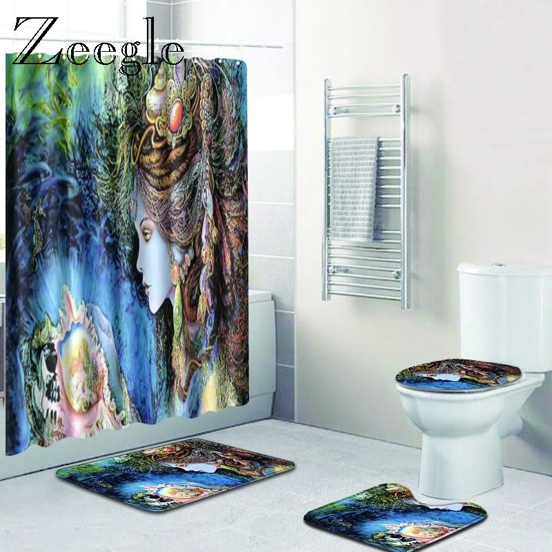 Zeegle Creative Bathroom Mat Set Waterproof Shower Curtain Pedestal Rug Lid Toilet Cover Anti-slip Bathroom Doormats Floor Rugs