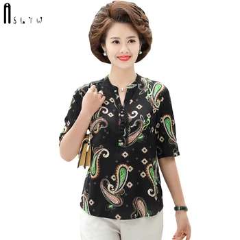 

ASLTW Geometric Chiffon Blouse Summer Short Sleeve Loose Women's Shirt New Plus Size O Neck Folk Style Top Thin Woman Blouse