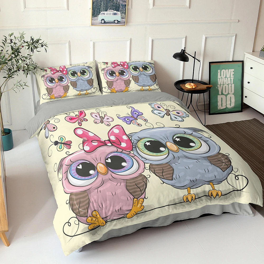 

Cartoon Owls and Butterflies Printed Duvet Cover & Pillow Case Set2/3Pcs Polyester Single Twin Full Queen King 8 Size Bedding