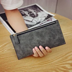 Women's Long Leather Wallet - Simple Style Coin and Card Holder (Dark grey)