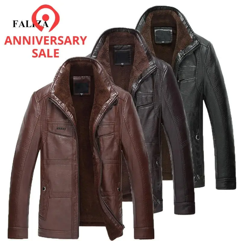 FALIZA New Winter Leather Jacket Men Coats 5XL High Quality PU Outerwear Business Faux Fur Male Fleece JK142 | Мужская одежда