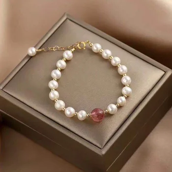 

New-14k Real Gold Freshwater Pearls Strawberry Crystal Bracelets Simple Gift Bracelets Natural Non-mainstream Hand Jewelry Brac