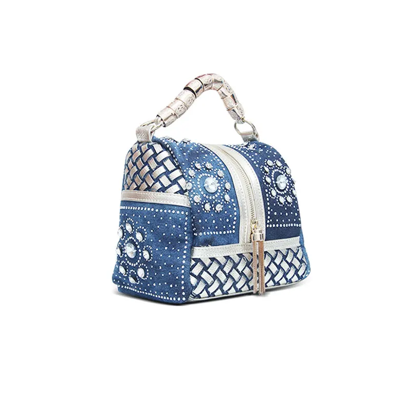 

Women's Denim with Weave Hand-inlaid Rhinestone Handbag OL Fashion National Style Cosmetic Bag for Office Daily