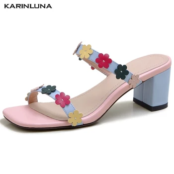 

Karinluna 2020 New Arrivals Cow Leather Chunky High Heels Summer Shoes Woman Pumps Mules Slip On Sweet Flowers Pumps Women Shoes