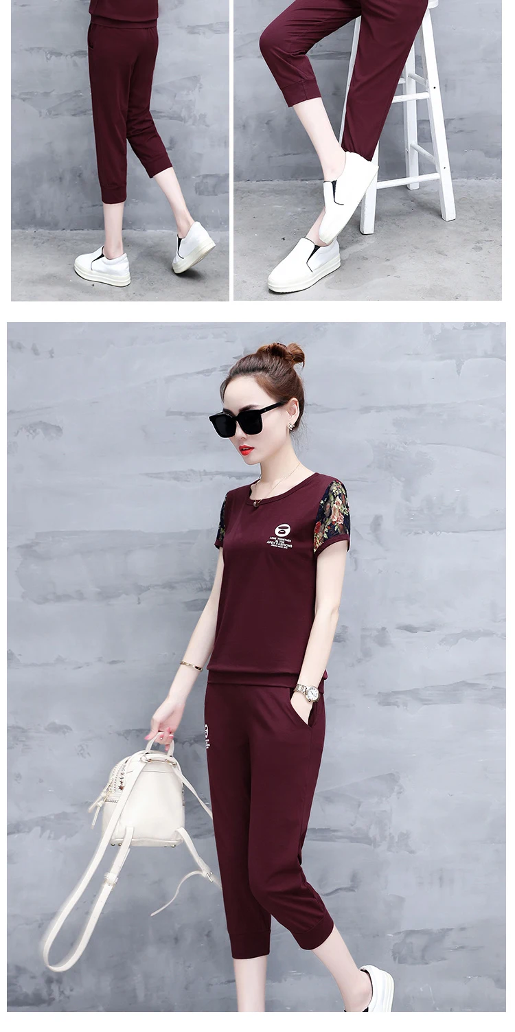 New Sports Suit Women's Summer Fashion Casual Running Wear Large Size Short-sleeved Two-piece Seven-minute Pants
