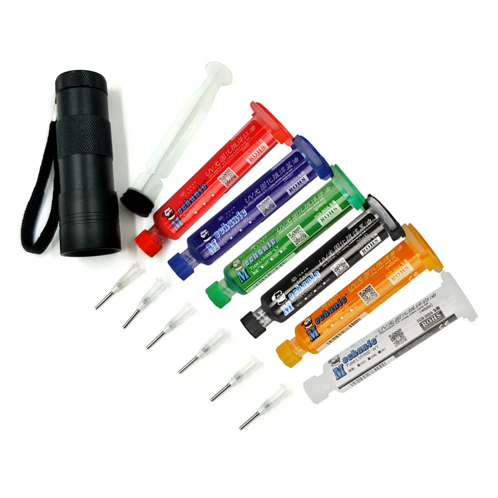 

6pcs/lot MECHANIC 6 Color UV Curable Solder + Needles+UV lamp Mask 10CC For PCB Circuit Board Protect Soldering Paste Flux Oil