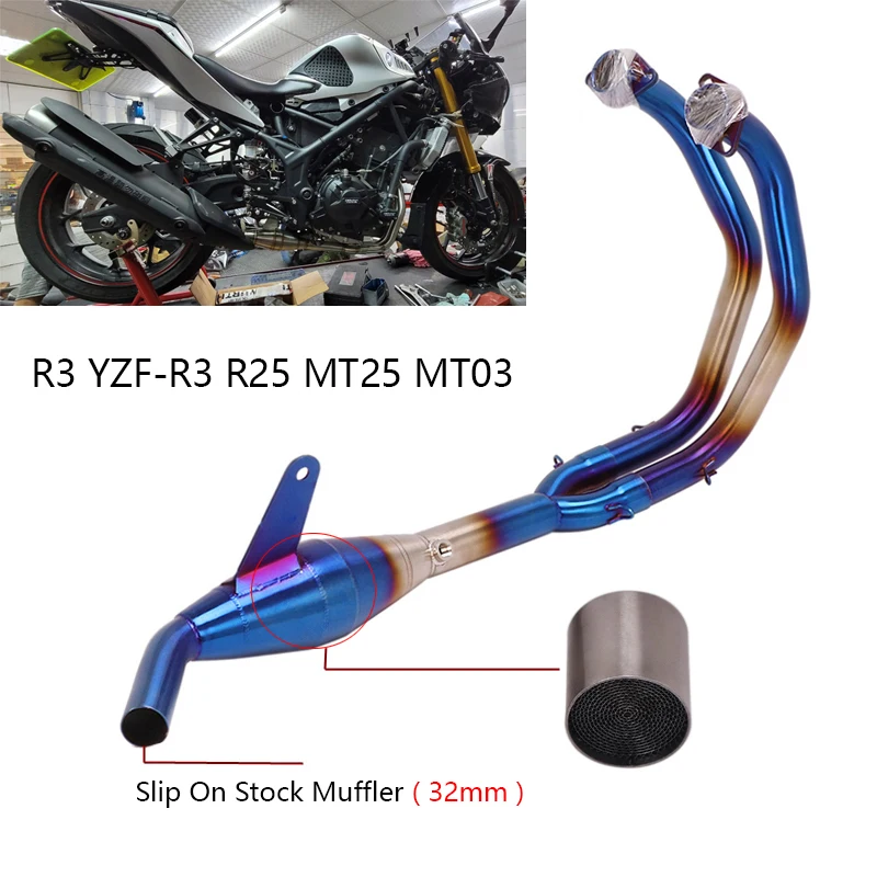 

Синий из нержавеющей стали для Yamaha YZF-R3 R25 MT25 MT-03 выхлопная система мотоцикла заголовка Соединительная труба скольжения на складе глушитель выхлопных газов с кошкой