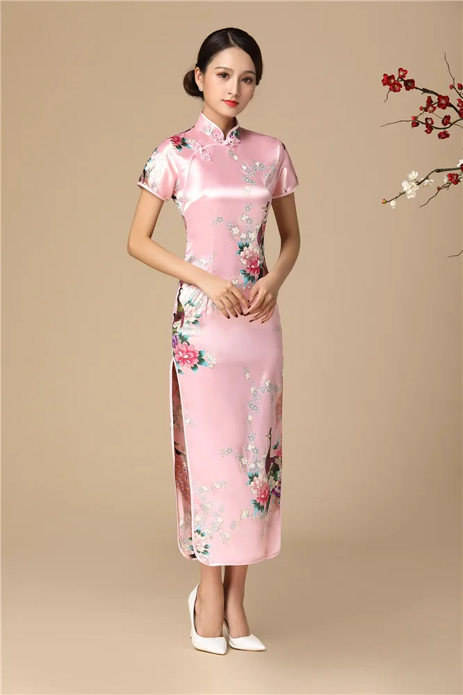 Розовое платье Чонсам для юной леди для женщин с цветочным принтом и павлином сексуальное Qipao тонкое плотное китайское платье большого размера 3XL 4XL 5XL 6XL