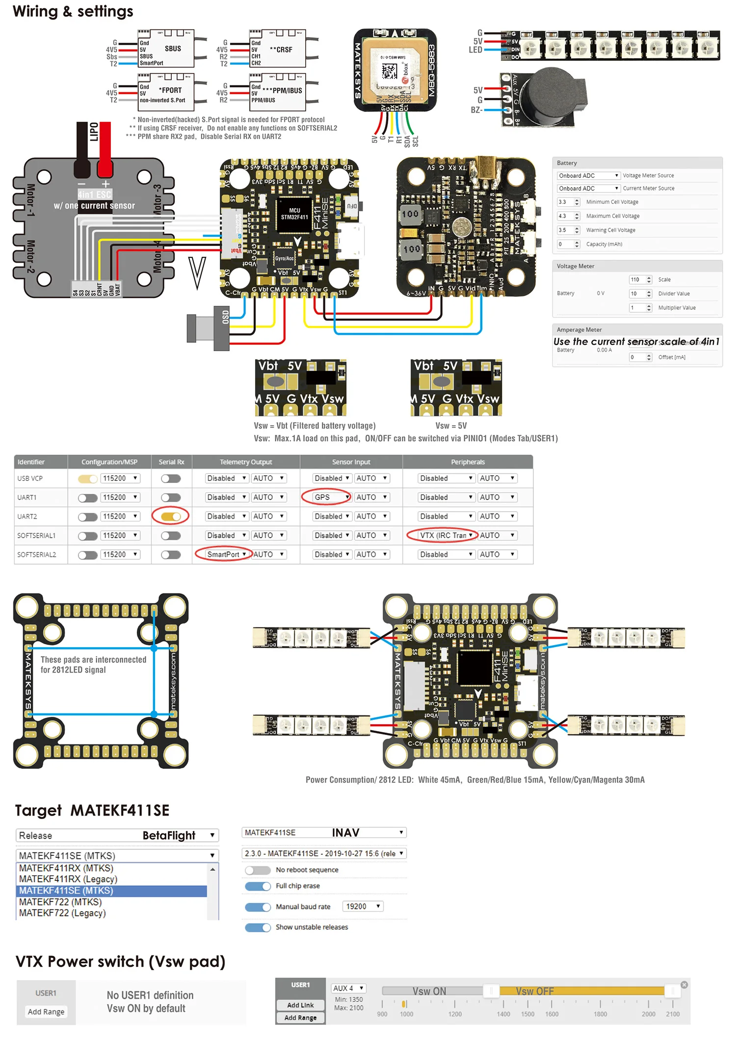 MATEKSYS Matek F411 мини F411-MINI SE контроллера полета OSD 5 V/2A MPU6000 2~ 8S VTX Powre 30,5 мм/20 мм для RC FPV Дрон RC самолет
