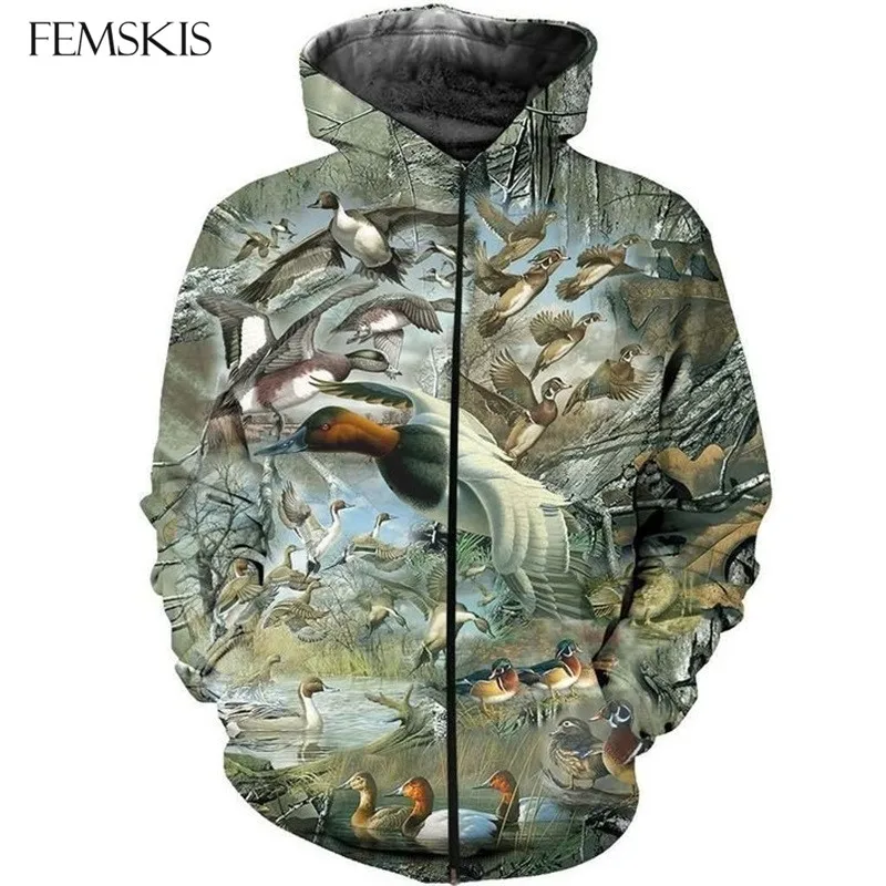 

FEMSKIS Unisex Zip Up Hoody Duck Hunting Camo Print 3D Zipper Hoodies Hunter Sweatshirts Pullover Harajuku Hip Hop Streetwear