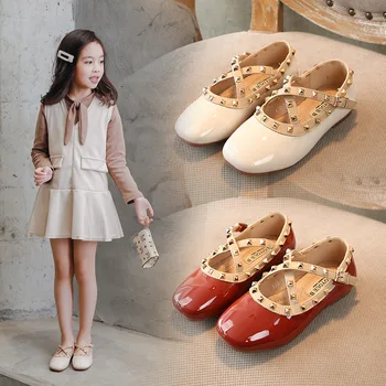 

Sweet Dress Shoes Solid Color Wedding Rivet Princess Shoes Hook Loop Kids Casual Flat Shoes Girls Leather Shoes Chaussure Fille