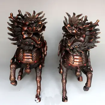 

zmru b-2219 A pair Exquisite Lucky SongZi Kirin bronze statues Tibetan red bronze statues wedding copper Decoration real Brass 2
