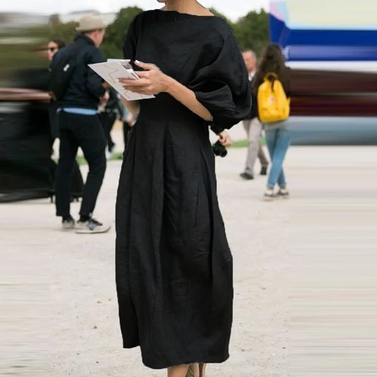 Lipswag 2XL женское хлопковое льняное платье миди, Осеннее повседневное свободное платье с рукавом-фонариком, элегантное Плиссированное вечернее платье с круглым вырезом, vestidos - Цвет: Black