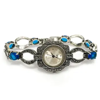 

Marcasite Sapphire Stone Japanese Machine Silver Watch