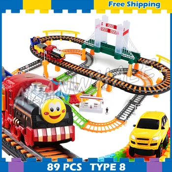 

89pcs Elevated Rail Bridge Motorized Battery Train Set Track Electric Cars Transport Railway Friends Family Toys Model Gifts