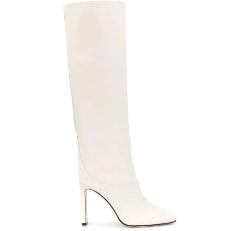 Classic Solid Boots Women Square Toe Slip On Ladies Party Footwear Slim Mid-Calf Concise Autumn Plus Size Boots Women 35-43 - Цвет: Whtie no buckle